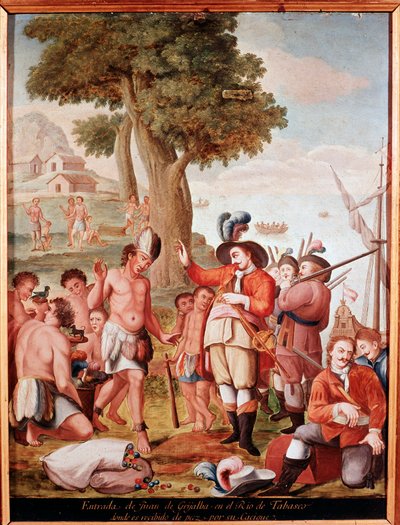 स्पैनिश विजयविद जुआन डी ग्रिजाल्वा (1489-1527) ने १५१८ में टबैस्को, मैक्सिको में १८वीं सदी की बेनामी पेंटिंग की। मैड्रिड, म्यूजियो डी अमेरिका द्वारा अज्ञात कलाकार