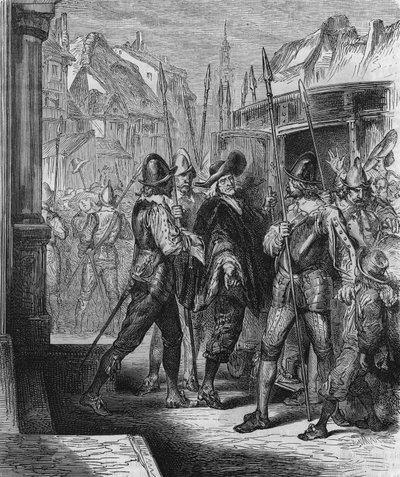 1648 में ऑस्ट्रिया की ऐनी के आदेश के तहत पियरे ब्रोसेल (1575 - 1654) की गिरफ्तारी, जिसने लोगों (बैरिकेड्स के दिन) और फ्रोंडे को राहत दी। 1866 से उत्कीर्णन। द्वारा अज्ञात कलाकार