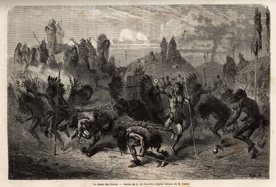 मिसौरी के बाएं किनारे पर मंडन भारतीयों (या नौमा का की: तीतर) में योद्धाओं द्वारा किया जाने वाला बाइसन नृत्य। 1855 में जी कैटलिन द्वारा, कोलंबिया और अपर मिसौरी के घाटियों के भारतीय जनजातियों के बीच एक भ्रमण को चित्रित करने के लिए उत्कीर्णन, पी द्वारा अज्ञात कलाकार