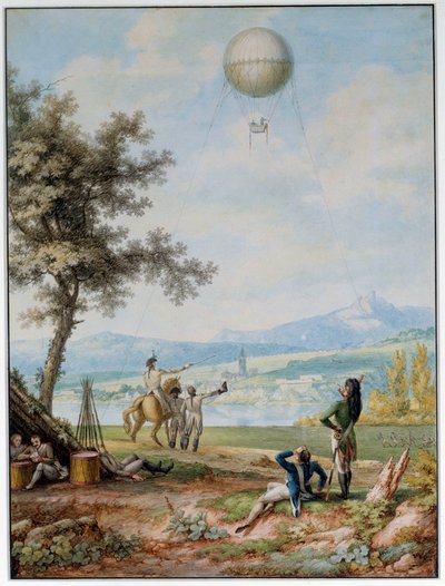मेंज की नाकाबंदी: गढ़ 14/04/1793 को प्रथम गठबंधन की सेना से घिरा हुआ है। सैन्य उद्देश्यों के लिए इस्तेमाल की जाने वाली घेराबंदी की स्थिति में शहर के ऊपर एक गुब्बारा। 18 वीं शताब्दी का प्रिंट। पेरिस। वायु संग्रहालय द्वारा अज्ञात कलाकार