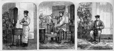 शैम्पेन वाइन की बॉटलिंग। 1864 से उत्कीर्णन। द्वारा अज्ञात कलाकार