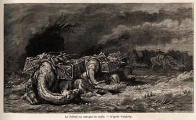 रेत के तूफान में फंसे ऊंट कारवां को तेबद कहते हैं। 1863 में मध्य एशिया की यात्रा को चित्रित करने के लिए एमिल बेयार्ड (1837-1891) द्वारा चित्रण, अर्मिनियस वाम्बरी (दरवेश में हंगेरियन वैज्ञानिक भेस) द्वारा। "" ले टूर डू मोंडे "" में उत्की द्वारा अज्ञात कलाकार