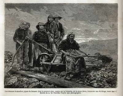 कोयला सॉर्टर, क्रुसॉट का प्रकार; अग्रभूमि में, ठेला पर बैठे, छँटाई के सबसे पुराने, माँ डायोन, छँटाई के 36 साल। 1865 में, एल सिमोनिन द्वारा, क्रेओसॉट और साओन और लॉयर की खानों के लिए एक यात्रा को चित्रित करने के लिए उत्कीर्णन, में द्वारा अज्ञात कलाकार