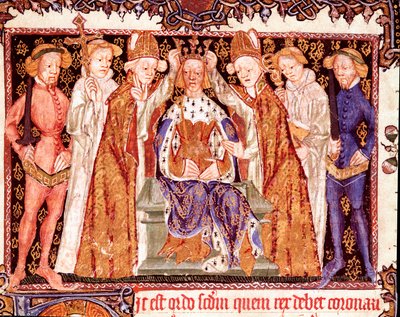 एक राजा का राज्याभिषेक संभवतः इंग्लैंड के राजा रिचर्ड द्वितीय (1367-1400)। राज्याभिषेक संस्कार पर पांडुलिपि से लघु "" लिबर रेगलिस "" 14 वीं शताब्दी पैम्प्लोना, नवरे का संग्रह द्वारा अज्ञात कलाकार