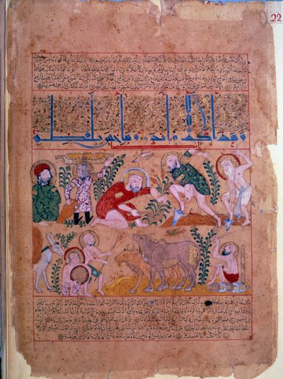 डॉक्टर एंड्रोमाखोस कृषि गतिविधियों का निरीक्षण करते हैं "" एंटीडोट्स की पुस्तक "" 1199 पेरिस, बीएन से लिया गया लघुचित्र द्वारा अज्ञात कलाकार