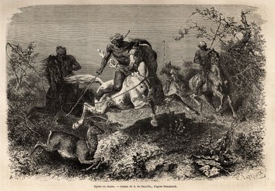 डायक (बोर्नियो के स्वदेशी) शिकार, घुड़सवारी और लैसोस हथियार। 1854-1862 में अल्फ्रेड रसेल वालेस द्वारा मलेशियाई द्वीपसमूह में यात्रा को चित्रित करने के लिए उत्कीर्णन, "ले टूर डू मोंडे"" 1870-1871 में प्रकाशित, एडौर्ड चार्टन, हैचेट द्वारा संपा द्वारा अज्ञात कलाकार