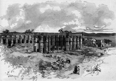 मिस्र में लक्सर की खुदाई, गैस्टन मास्परो (1846-1916) फ्रांसीसी मिस्रविज्ञानी के नेतृत्व में। "" द इलस्ट्रस वर्ल्ड"" में उत्कीर्णन 1885 द्वारा अज्ञात कलाकार