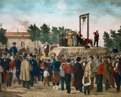 फेलिस ओरसिनी (1819-1858) और पियरी की 13/03/1858 को फांसी, जिन्होंने 14 जनवरी 1858 को नेपोलियन III के खिलाफ पेरिस लिथोग्राफ में प्लेस डे ला रोक्वेट पर 19वीं सदी के अंत में हमला किया था। मिलान निजी संग्रह द्वारा अज्ञात कलाकार