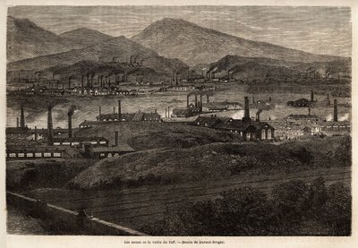 टैफ घाटी के कारखाने। 1862 में वेल्स में प्रमुख कारखानों की यात्रा का वर्णन करने के लिए डूरंड ब्रेगर द्वारा चित्रण, एल. सिमोनिन द्वारा। एडौर्ड चार्टन द्वारा संपादित "" ले टूर डू मोंडे "" में उत्कीर्णन द्वारा अज्ञात कलाकार