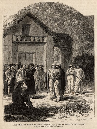 मरकपाटा (पेरू) के चर्च की दहलीज पर रंगरूटों का निरीक्षण, गांव के पादरी द्वारा, जो आत्मसंतुष्ट भारतीयों के स्वास्थ्य और ताकत की स्थिति को सत्यापित करते हैं, लेखक के पदाधिकारियों की टीम बनाने के लिए। उत्कीर्णन चित्रकार ले यात्रा द्वारा अज्ञात कलाकार