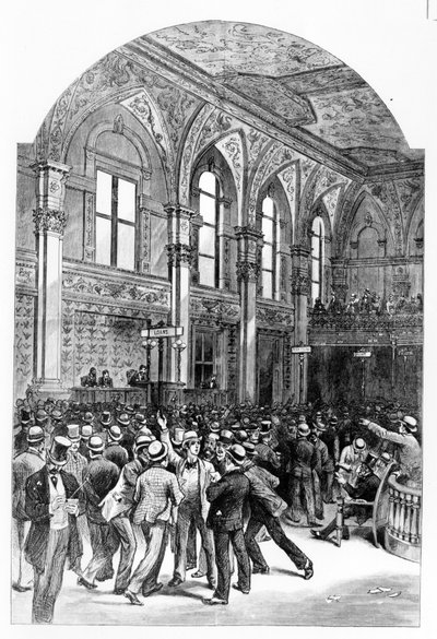 1881 में न्यूयॉर्क स्टॉक एक्सचेंज का इंटीरियर। द्वारा अज्ञात कलाकार