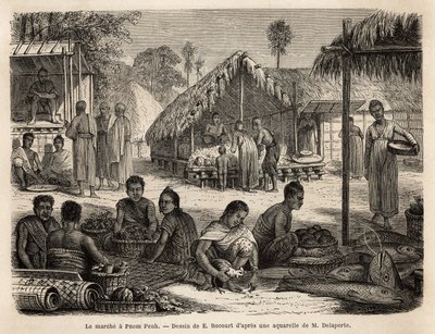 नोम पेन्ह में बाजार, जहां मलेशियाई दुकानदार और चीनी व्यापारी उपभोक्ता और विनिर्माण उत्पादों की एक विस्तृत श्रृंखला पेश करते हैं। 1866-1868 में फ्रांसिस गार्नियर, लेफ्टिनेंट डी वैससेउ द्वारा इंडोचीन में अन्वेषण की यात्रा को चित्रित करने के लिए उत्कीर्णन, द्वारा अज्ञात कलाकार