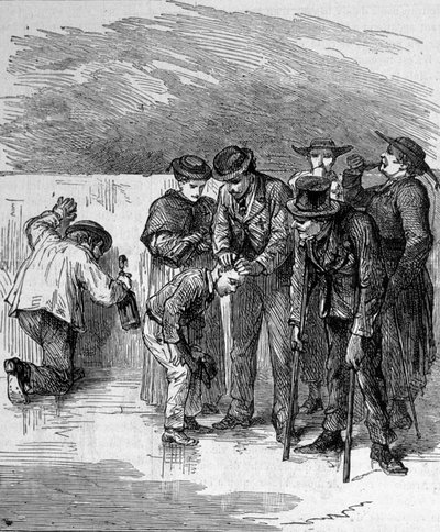 हाई पाइरेनीज़ में लूर्डेस के चमत्कारी पानी को पीने वाले पेलेरिन जहां 1858 में वर्जिन बर्नाडेट सोबिरस (1844-1879) को दिखाई दिया, जो वर्तमान तीर्थ स्थान है। 1877 से उत्कीर्णन द्वारा अज्ञात कलाकार