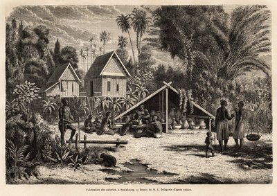 Saniaboury (लाओस) में मिट्टी के बर्तनों का उत्पादन। 1866-1868 में फ्रांसिस गार्नियर, लेफ्टिनेंट डी वैससेउ द्वारा इंडोचाइना में अन्वेषण की यात्रा को चित्रित करने के लिए उत्कीर्णन, "ले टूर डू मोंडे" "1870-1871 में प्रकाशित, एडौर्ड चार्टन द्वार द्वारा अज्ञात कलाकार