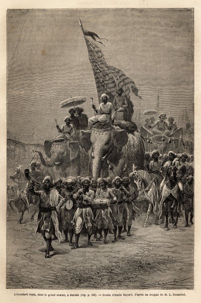 भारत के उत्तर-पूर्वी तट पर गुजरात राज्य के बड़ौदा (या वडोदरा) में सोवरी (सैन्य जुलूस) में शाही बैनर। 1864-1868 में लुई रूसेलेट द्वारा राजाओं की भारत में यात्रा को चित्रित करने के लिए उत्कीर्णन, "ले टूर डू मोंडे" में प्रकाशित हुआ। द्वारा अज्ञात कलाकार