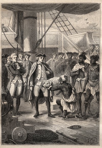 कैप्टन जेम्स कुक (1728-1779) द्वारा तीसरी यात्रा (1776-1779): पुजारी कोह ने कुक को एक छोटा सुअर प्रदान किया, जहाज पर सवार संकल्प (हवाई) - "18 वीं शताब्दी के महान नाविक" से चित्रण। द्वारा अज्ञात कलाकार