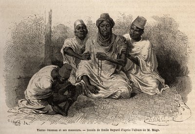 टौकोउलेउर जनजाति के टिएर्नो उस्मान, ग्यूमौ कौरा (माली) के गाँव के मुखिया, बड़े अनाज के साथ एक मुस्लिम माला धारण करते हुए, अपनी प्रार्थनाओं को सुधारते हुए, जबकि उनके मालिश करने वाले उनकी पीठ और पैरों की मालिश करते हैं। लियूटे के पश्चिमी सूडान की यात्रा को च द्वारा अज्ञात कलाकार