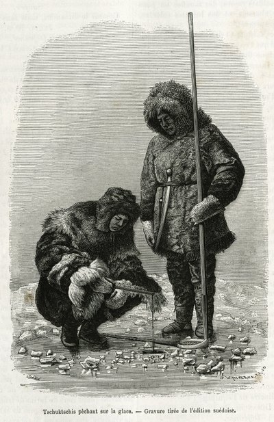 Tschuktschis Koljutschin Bay (ध्रुवीय वृत्त) में बर्फ पर मछली पकड़ना। 1878-1880 में निल्स एडॉल्फ एरिक (एरिक) बैरन नोर्डेंस्कजॉल्ड (नोर्डेंस्कील्ड) (1832-1901) द्वारा "" वॉयज डे ला वेगा अराउंड एशिया एंड यूरोप "" कहानी को चित्रित करने के  द्वारा अज्ञात कलाकार
