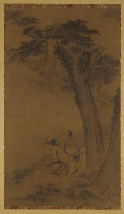 पेड़ों के नीचे पहाड़ी पर दो आकृतियाँ द्वारा अज्ञात कलाकार