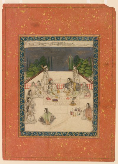दो महिलाएँ एक छत पर बैठी थीं, जो परिचारकों और संगीतकारों से घिरी हुई थीं द्वारा अज्ञात कलाकार