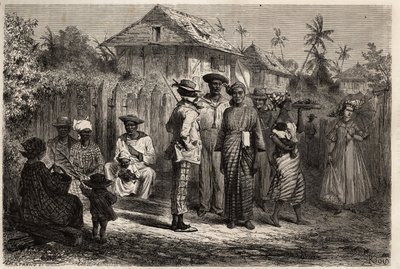 स्वदेशी केयेन (फ्रेंच गुयाना) के प्रकार, मद्रास के पौधे (गाँठदार पोशाक) पहने और रंगीन पगड़ी पहने महिलाओं, पुरुषों ने पश्चिमी पोशाक को अपनाया। 1862-1863 में फ्रेंच गुयाना में यात्रा को चित्रित करने के लिए उत्कीर्णन, फ्रेडरिक बाउयर द्वारा, सीए द्वारा अज्ञात कलाकार