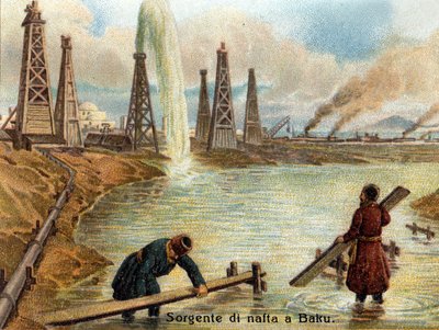 बाकू, अज़रबैजान में तेल के कुओं का दृश्य। लगभग 1890 का क्रोमोलिथोग्राफ। द्वारा अज्ञात कलाकार