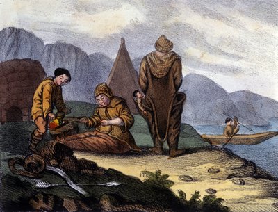 वेस्ट ग्रीनलैंड कोस्ट एस्किमोस। 19वीं सदी की शुरुआत में लिथोग्राफ द्वारा अज्ञात कलाकार