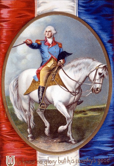 कौन नहीं जानता था लेकिन अपने देश की भलाई: जॉर्ज वाशिंगटन (1732 - 1799) फ्रांसीसी ध्वज के पीछे पदक में सवार। 19वीं सदी का क्रोमोलिथोग्राफ। द्वारा अज्ञात कलाकार