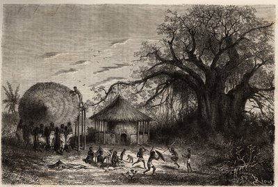 ज़ाम्बेज़ के किनारों से झोंपड़ियों को लहराती और अग्रभूमि में, बच्चों का खेल। सीधे के तहत प्रकाशित "ले टूर डू मोंडे, नोव्यू जर्नल डेस वॉयेज" में 1840 से 1856 तक डॉ। लिविंगस्टोन की दक्षिणी अफ्रीका की पहली यात्राओं को चित्रित करने के लिए उत्कीर्णन द्वारा अज्ञात कलाकार