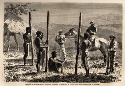 न्यू हेब्राइड्स के कार्यकर्ता (या 1980 के बाद से, वानुअतु गणराज्य, उत्तरी न्यू कैलेडोनिया में एक मेलानेशियन द्वीपसमूह), एक घर का निर्माण, जिसे लेखक घोड़े की पीठ पर भ्रमण के दौरान मिलता है। उत्कीर्णन चित्रकार ले यात्रा एक ला नौवेल्ले कैलेडोनी डालना, द्वारा अज्ञात कलाकार