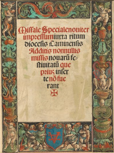 मिसल के लिए टाइटल पेज, सैटायर और पुट्टी बॉर्डर [वर्सो] के साथ, c. 1511. द्वारा उर्स ग्राफ
