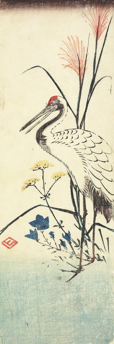 (पम्पास ग्रास, पैट्रिनिया, चीनी बेलफ़्लॉवर और एक क्रेन), 1830-1858 द्वारा Utagawa Hiroshige