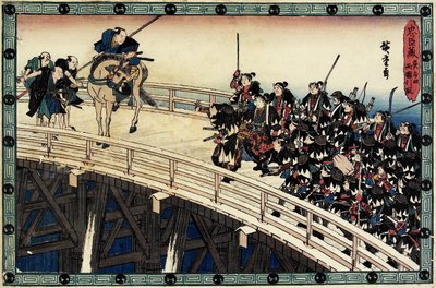 रात के हमले के अधिनियम 11 दृश्य 5; Ryo_goku ब्रिज पर गिरफ्तार किया जा रहा है, सी। 1838 द्वारा Utagawa Hiroshige