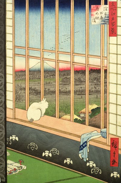 Asakusa राइस फील्ड्स &39;द सीज़ ऑफ एदो&39;, पब की श्रृंखला से मुर्गा महोत्सव के दौरान। 1857 (कलर वुडब्लॉक प्रिंट) द्वारा Utagawa Hiroshige