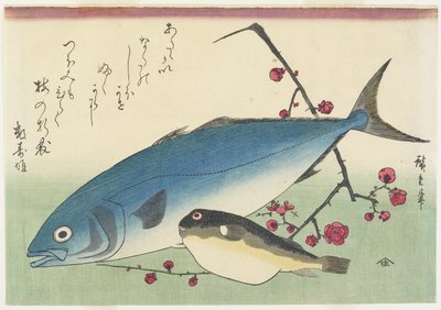 बोनिटो, ग्लोबफ़िश और एक स्प्रे ऑफ़ खिलने वाला बेर, सी। 1840 द्वारा Utagawa Hiroshige