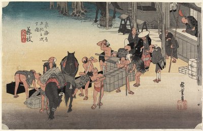बदलते पोर्टर्स और घोड़े, फुजिदा, सी। 1833 द्वारा Utagawa Hiroshige