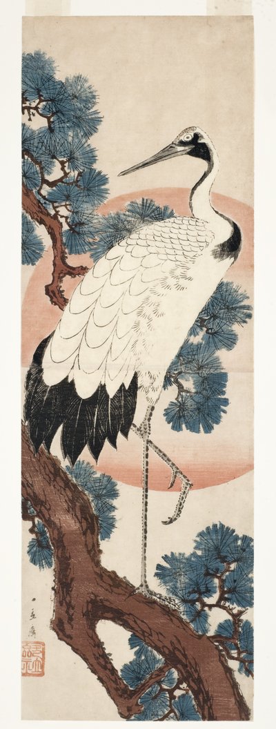 सूर्योदय के समय चीड़ के पेड़ में क्रेन, 1850-55 (वुडब्लॉक) द्वारा Utagawa Hiroshige