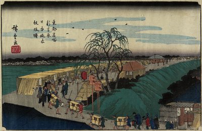 Nihon-zutsumi Bank में Emonzaka Hill पर सुबह, Shin-Yoshiwara, c। 1830 द्वारा Utagawa Hiroshige