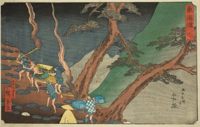 हाकोने: रात में चीड़ की मशालों के साथ यात्रा (हाकोने, योनाका तैमत्सु तोरी) - संख्या 11, quot;टोकाइडो के पचास-तीन स्टेशन (टोकाइडो गोजुसान त्सुगी)quot; श्रृंखला से, जिसे रीशो टोकाइडो के नाम से भी जाना जाता है द्वारा उटगावा हिरोशिगे