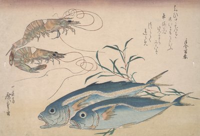 हॉर्स मैकेरल, मीठे पानी के झींगे, और समुद्री शैवाल, c.1832 द्वारा Utagawa Hiroshige