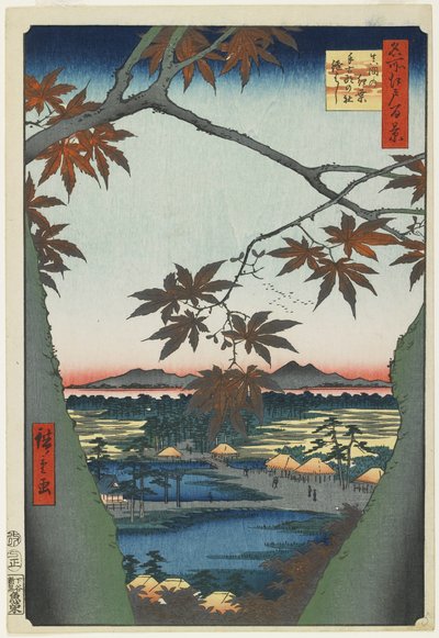 टेकोना श्राइन और ब्रिज, जनवरी 1857 के दृश्य के साथ मामा के पेड़ द्वारा Utagawa Hiroshige