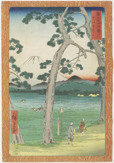 माउंट टूजीडो रोड, अप्रैल 1858 से लेफ्ट सीन पर फ़ूजी द्वारा Utagawa Hiroshige