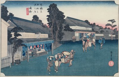 Narumi: स्थानीय कपड़े Arimatsu Shibori दुकान, &39;फिक्सेटी पर तीन स्टेशनों&39;, c.1834-35 (रंग वुडब्लॉक प्रिंट) श्रृंखला से द्वारा Utagawa Hiroshige