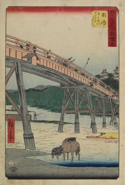 No.39 याहागी नदी, ओकाजाकी, जुलाई 1855 पर याहागी पुल द्वारा Utagawa Hiroshige