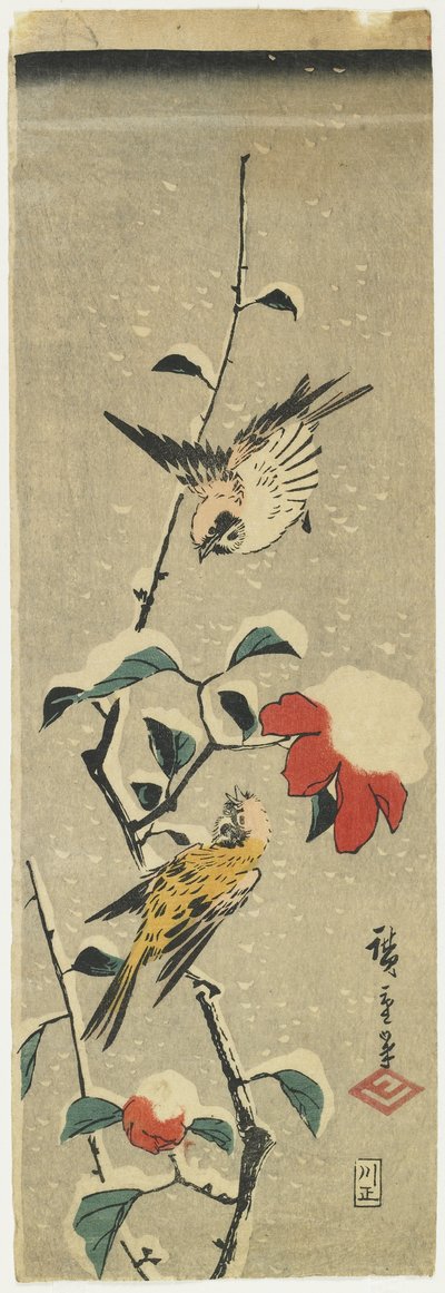 स्पैरो एंड स्नो कैमेलिया, 1837-1848 द्वारा Utagawa Hiroshige
