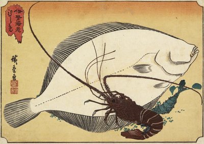 19 वीं शताब्दी की शुरुआत में स्पाइन लॉबस्टर और फ्लाउंडर द्वारा Utagawa Hiroshige