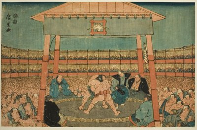 एकोइन मंदिर के परिसर में सूमो मैच (एकोइन केदाई सूमो नो ज़ू), quot;पूर्वी राजधानी में रयोगोकू (टोटो रयोगोकू)quot; श्रृंखला से द्वारा उटगावा हिरोशिगे