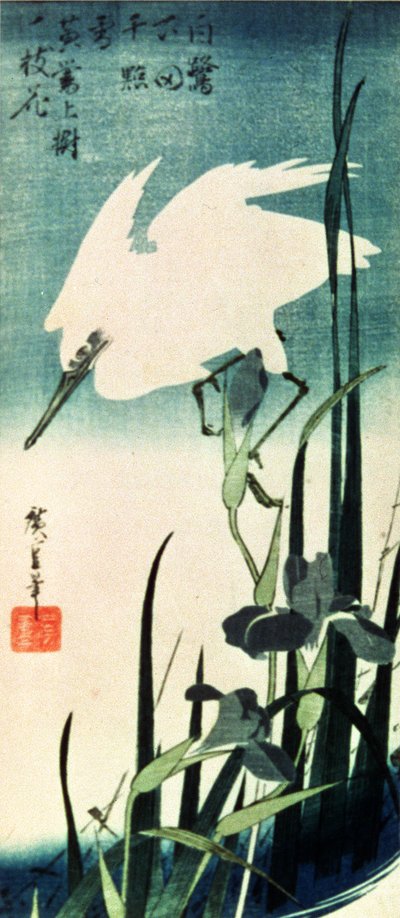 सफेद बगुला और आइरिस (रंग वुडकट) द्वारा Utagawa Hiroshige