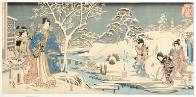 1854 में एक बर्फीले बगीचे में एक पूर्वी गंजी (वुडब्लॉक) द्वारा Utagawa Hiroshige and Kunisada