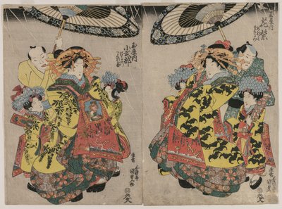 The Courtesans Hanamurasaki and Koshikibu of the Tamaya Promenading in the Rain द्वारा उतागावा कुनीसदा